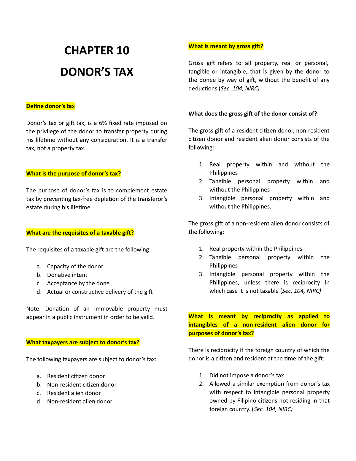 Chapter 10 Isthmus Chapter 10 Donors Tax Define Donors Tax Donors Tax Or T Tax Is A 6 