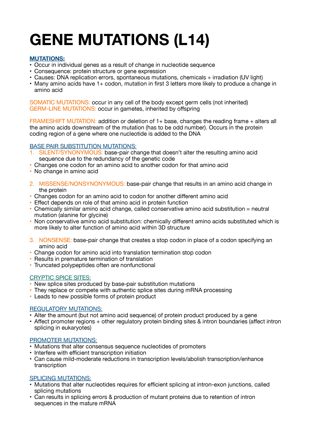 Genetics Mutations Notes - GENE MUTATIONS (L14) MUTATIONS: • Occur In ...