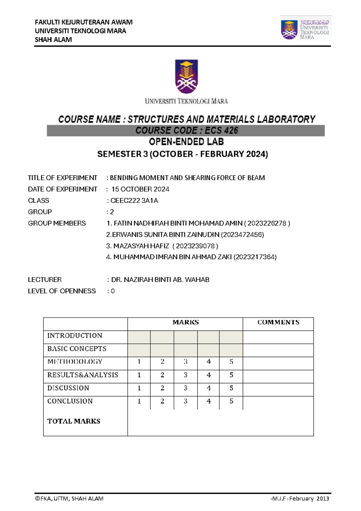 LAB Report DEFLECTION OF BEAM - UNIVERSITI TEKNOLOGI MARA SHAH ALAM ...