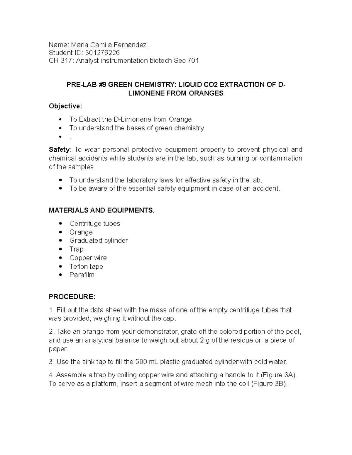 PRELAB9 Green Chemistry Liquid CO2 Extraction OF D Limonene FROM