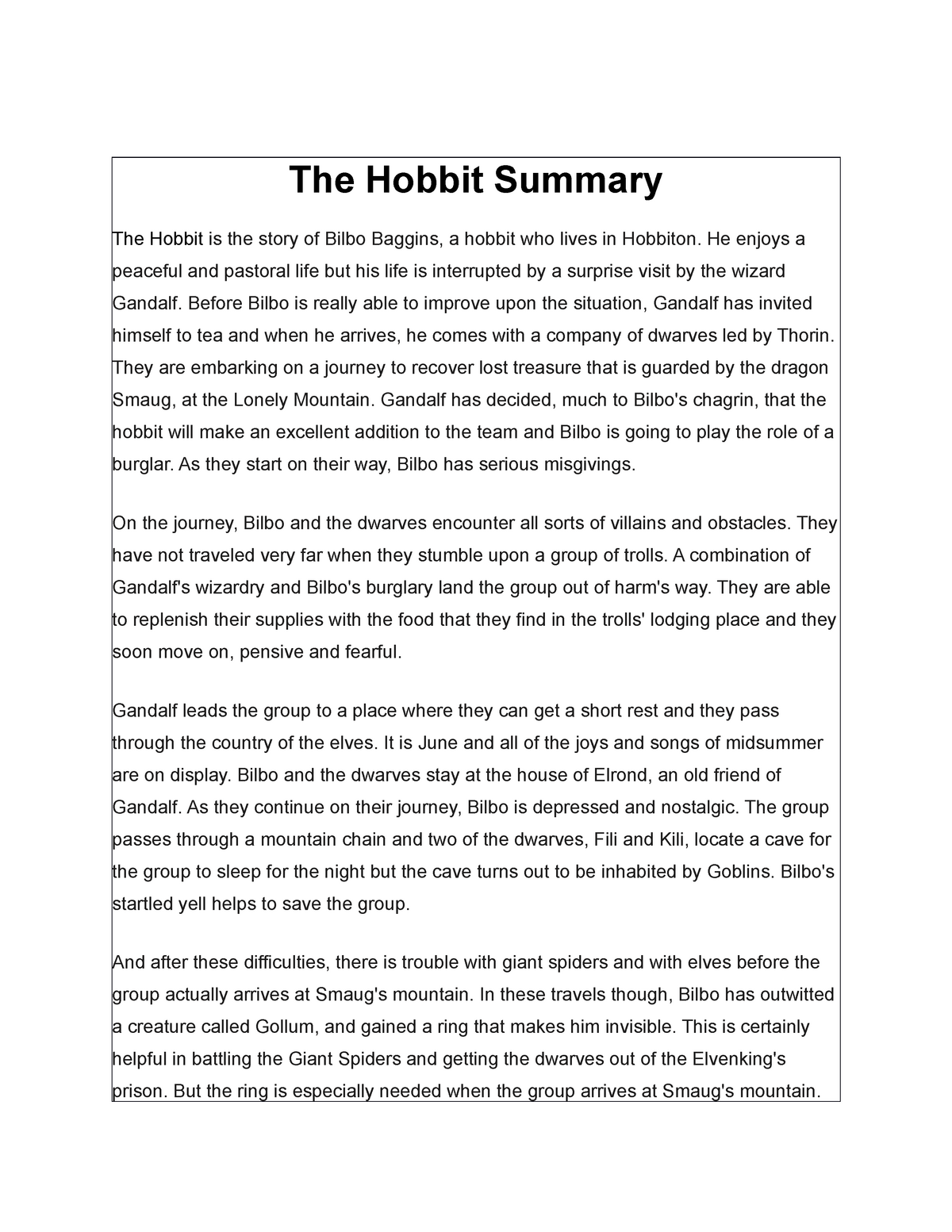 the hobbit summary of each chapter