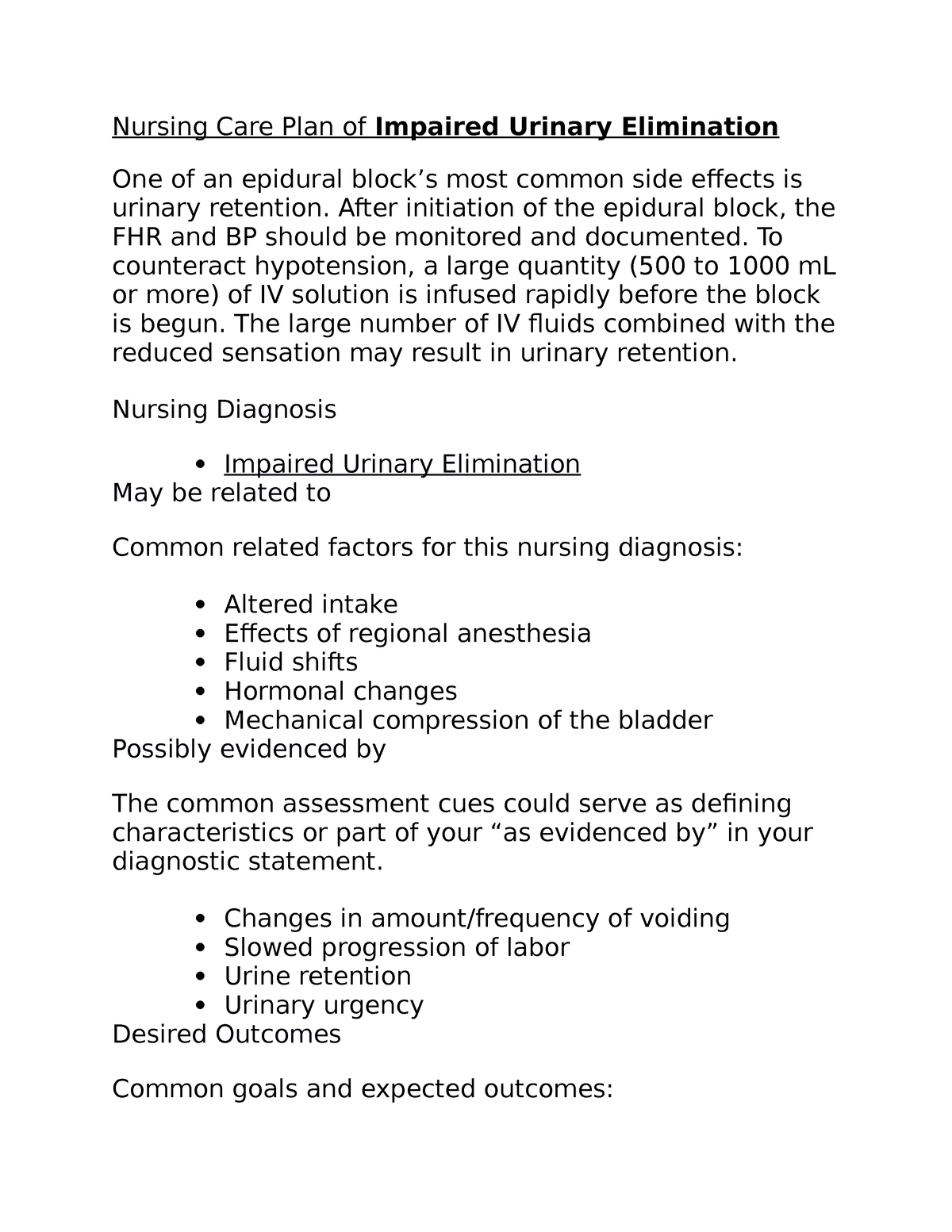 Nursing Care Plan Of Impaired Urinary Elimination After Initiation Of 