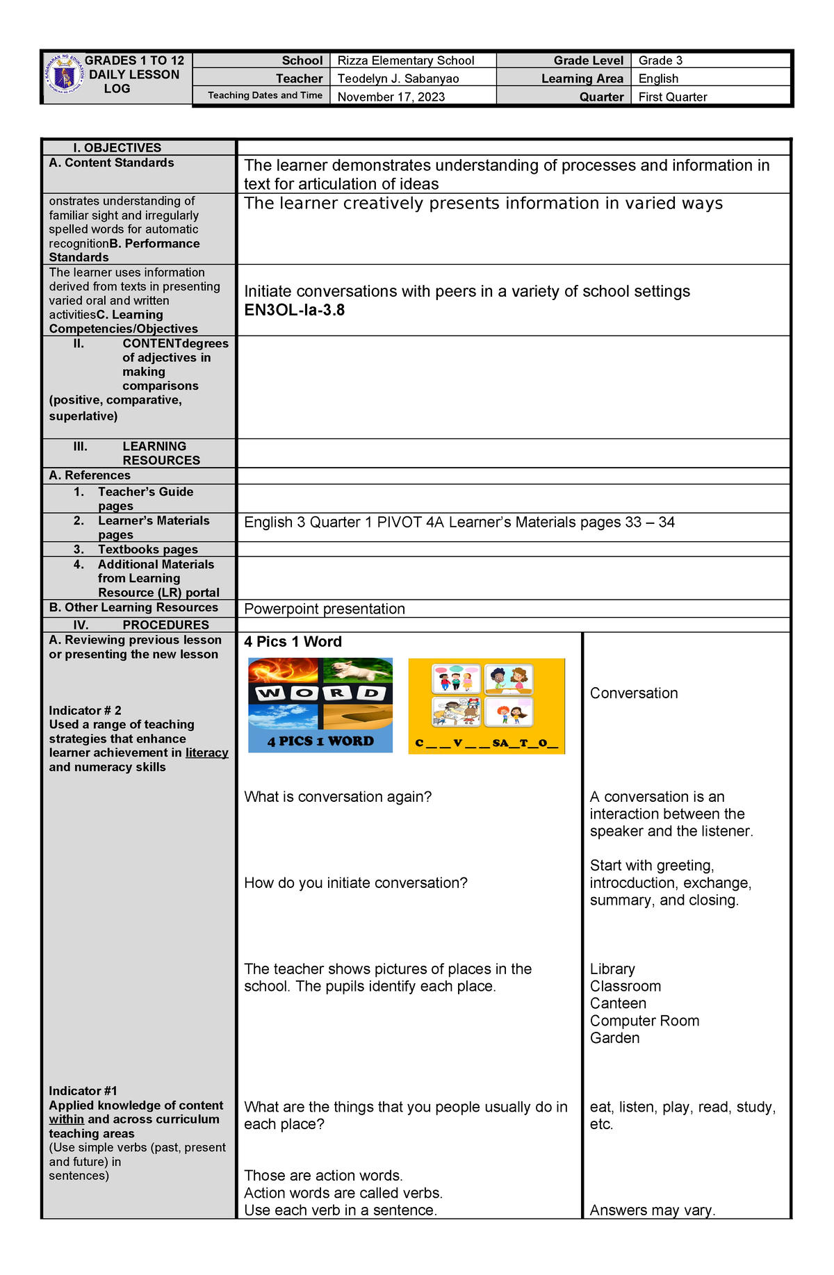 CO1 Initiate Conversation with Peers in a variety of School Setting ...