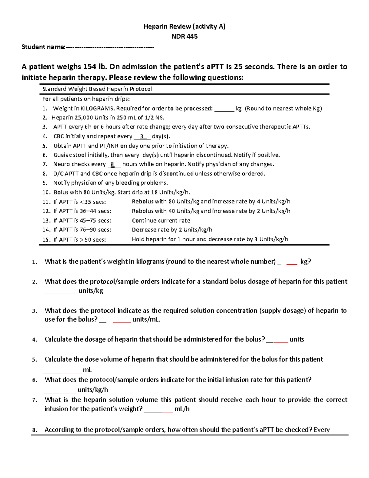 WEEK 1 Heparin Examples WITH Answers - Heparin Review (activity A) NDR ...