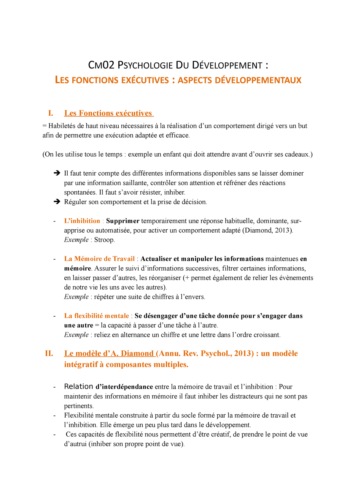 Cm02 Psycho Du Dev Cm02 Psychologie Du Developpement Les Fonctions Executives Aspects Studocu