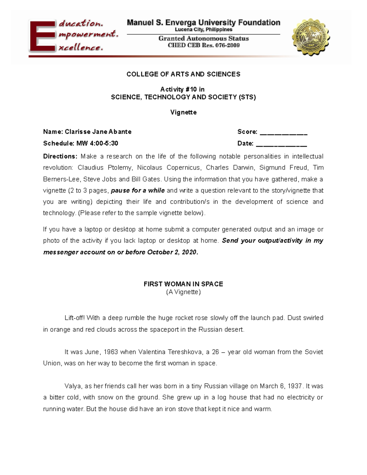 Science Technology Society Activity-10 Vignette - COLLEGE OF ARTS AND ...