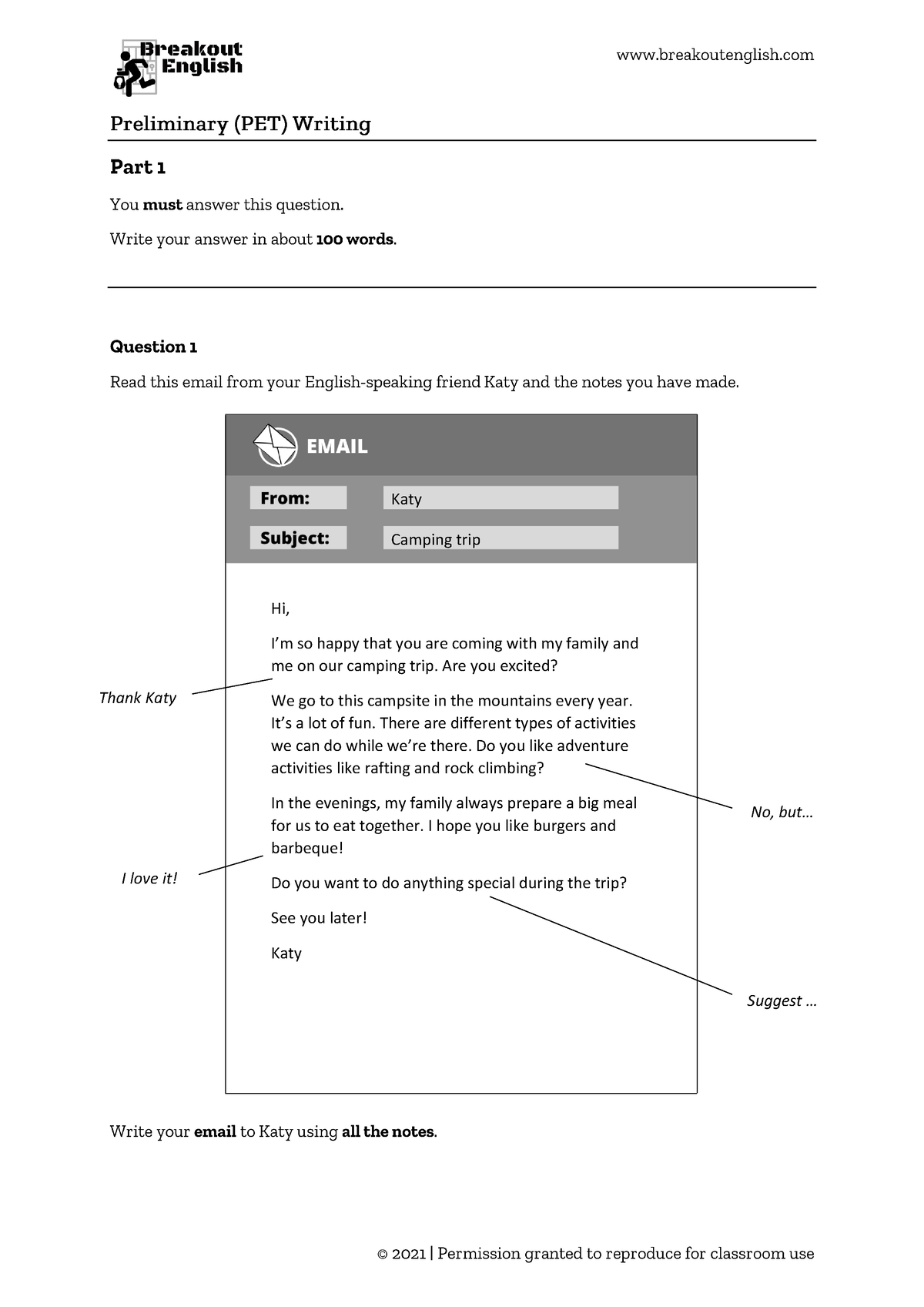 Preliminary PET Writing Sample Paper A - Katy Camping trip Hi, I’m so ...