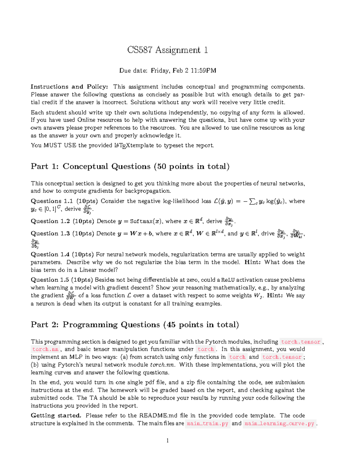 Hw1 - hw hw hw - CS587 Assignment 1 Due date: Friday, Feb 2 11:59PM ...