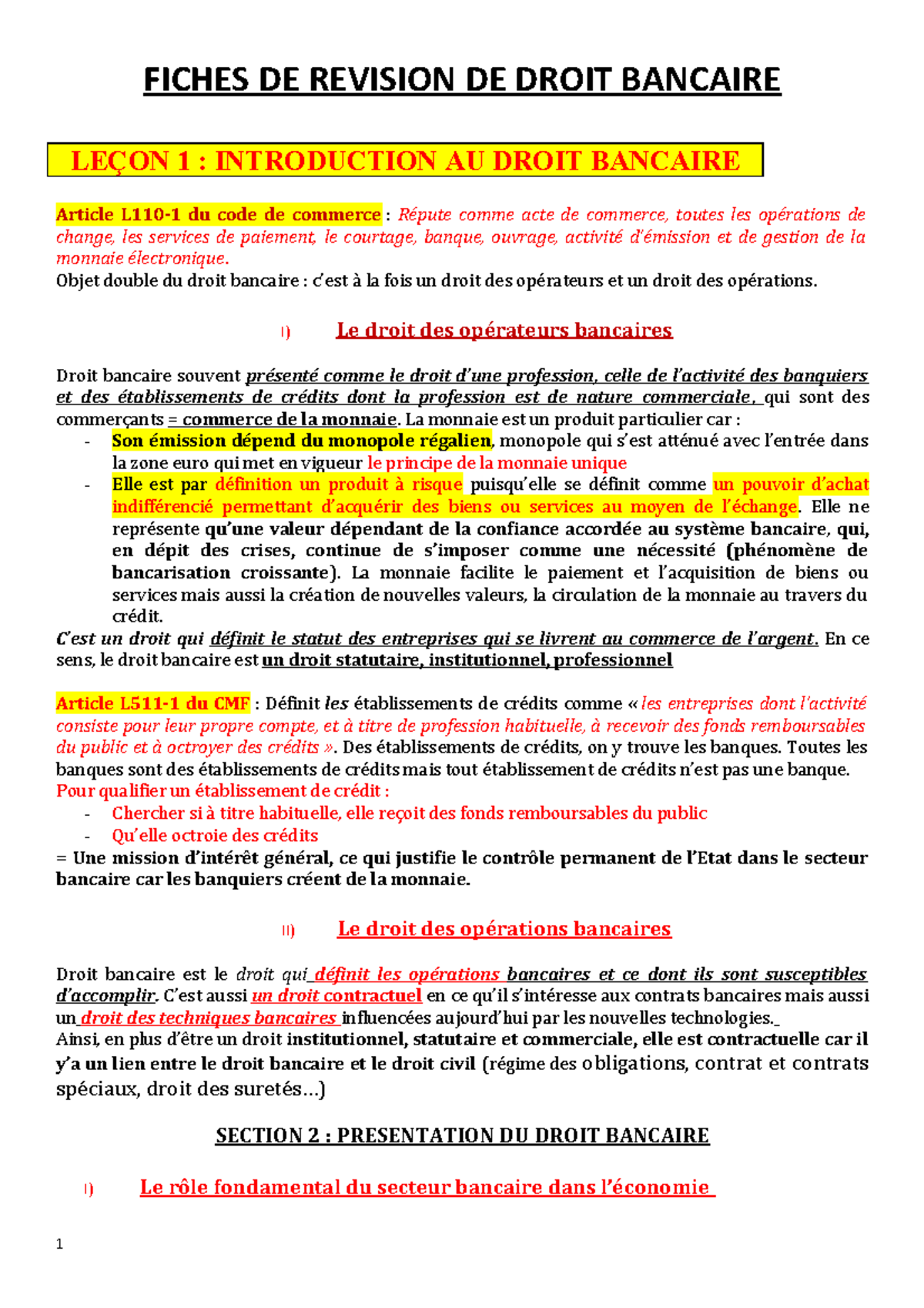 Fiche De Droit Bancaire - FICHES DE REVISION DE DROIT BANCAIRE LEÇON 1 ...