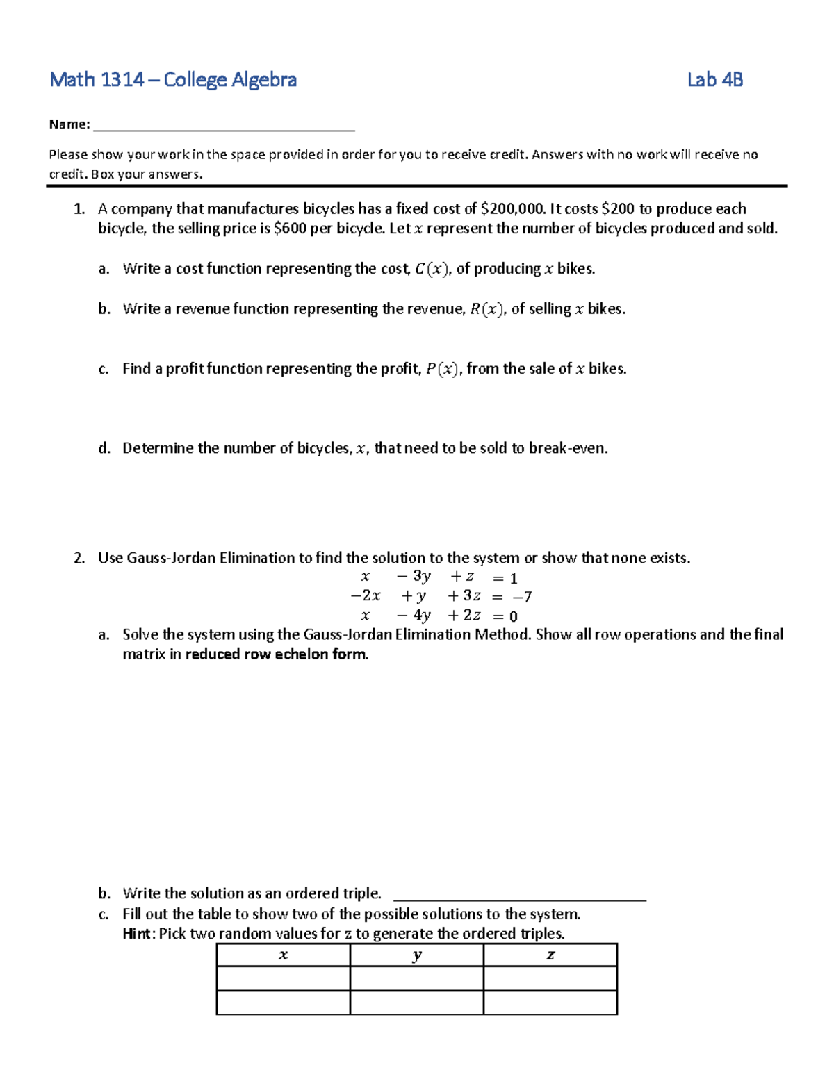 Lab 4B Blitzer - Struggling - Math 1314 – College Algebra Lab 4B Name ...