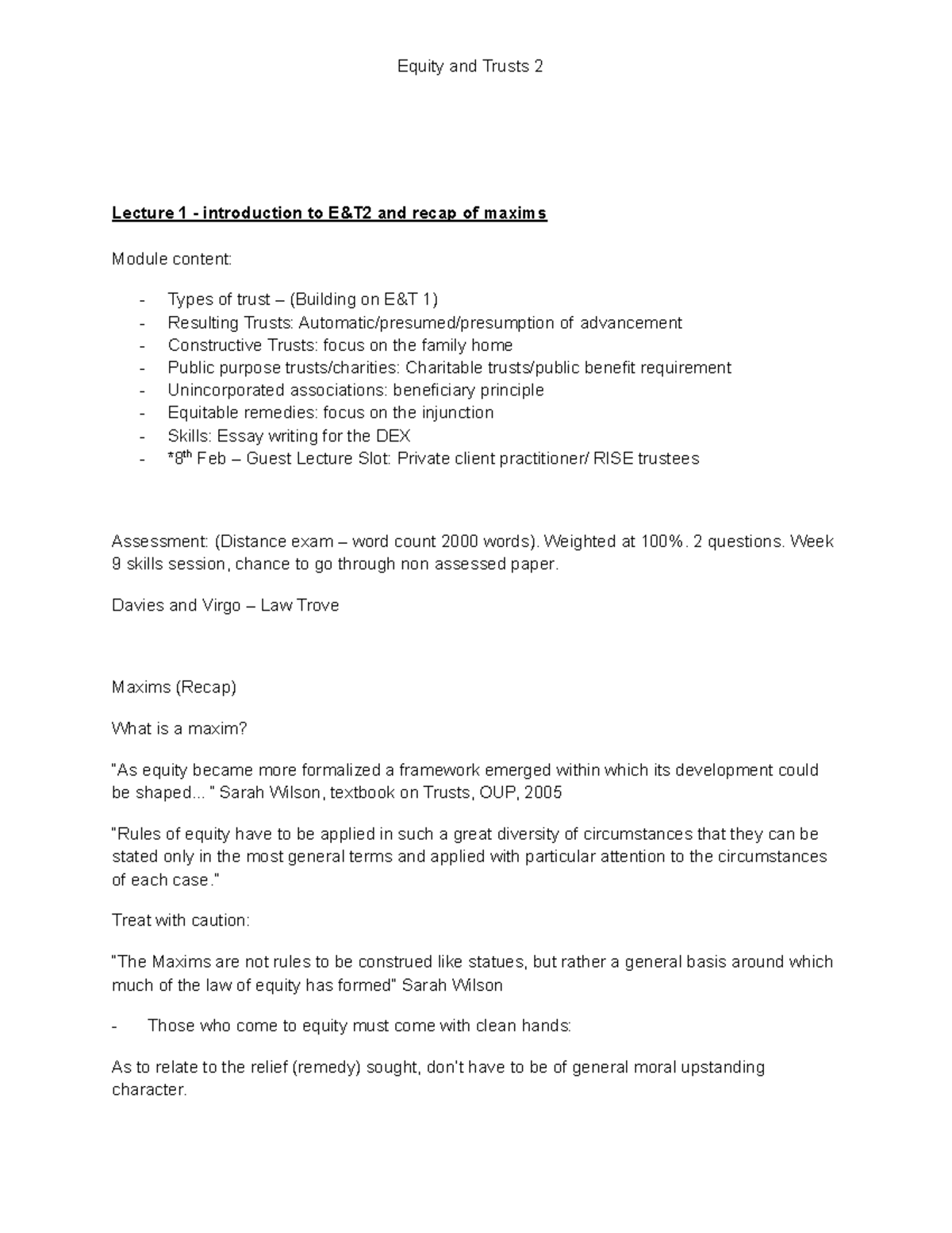 Equity & Trusts 2 (All Lecture Notes) - Lecture 1 - introduction to E ...