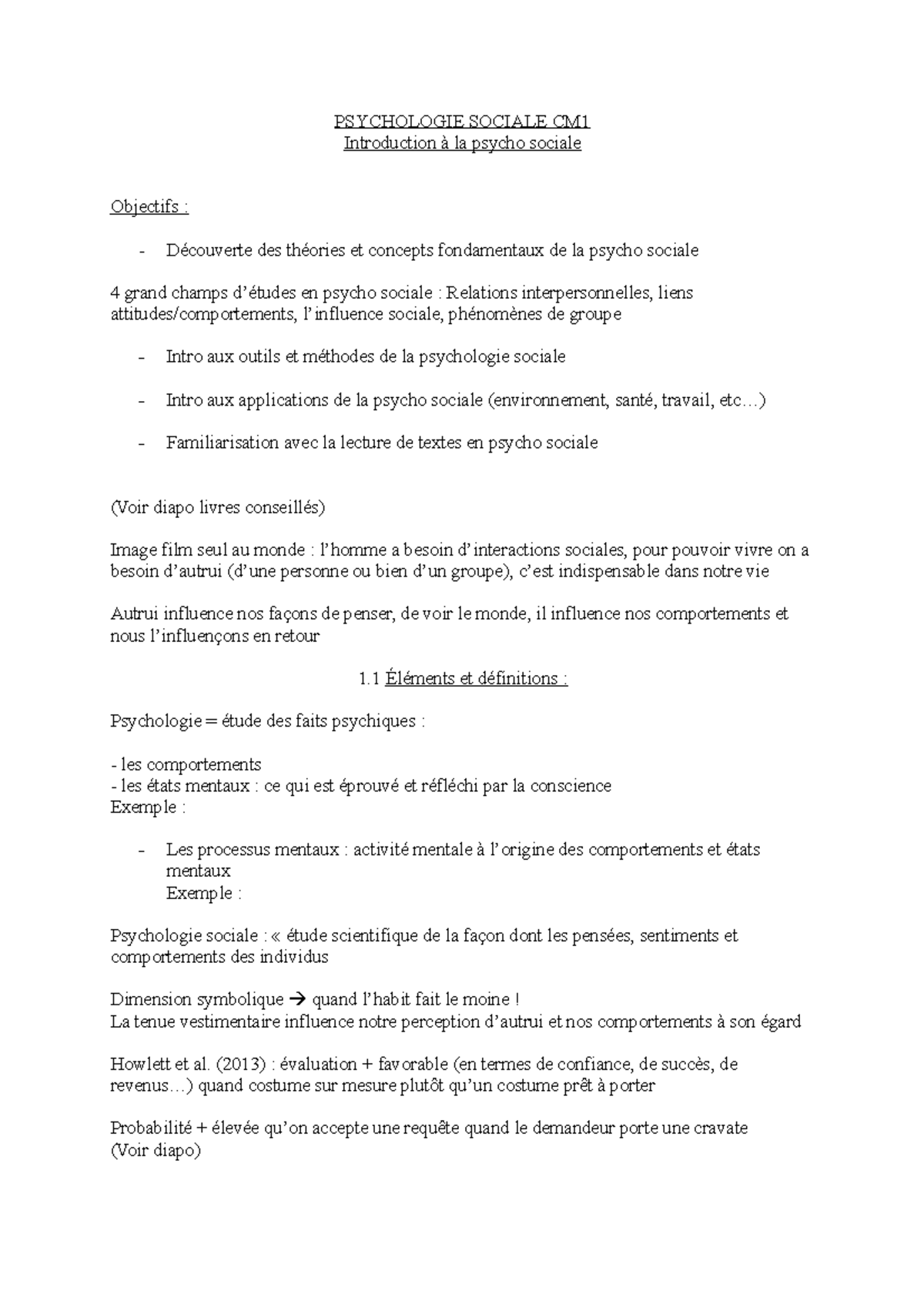 CM1 intro à la psycho sociale - PSYCHOLOGIE SOCIALE CM Introduction à ...