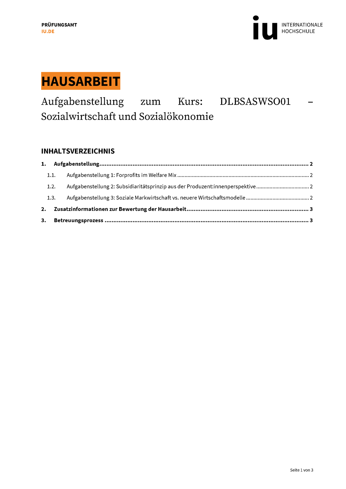 Aufgabenstellung Hausarbeit Dlbsaswso 01 - Seite 1 Von 3 PR‹FUNGSAMT IU ...