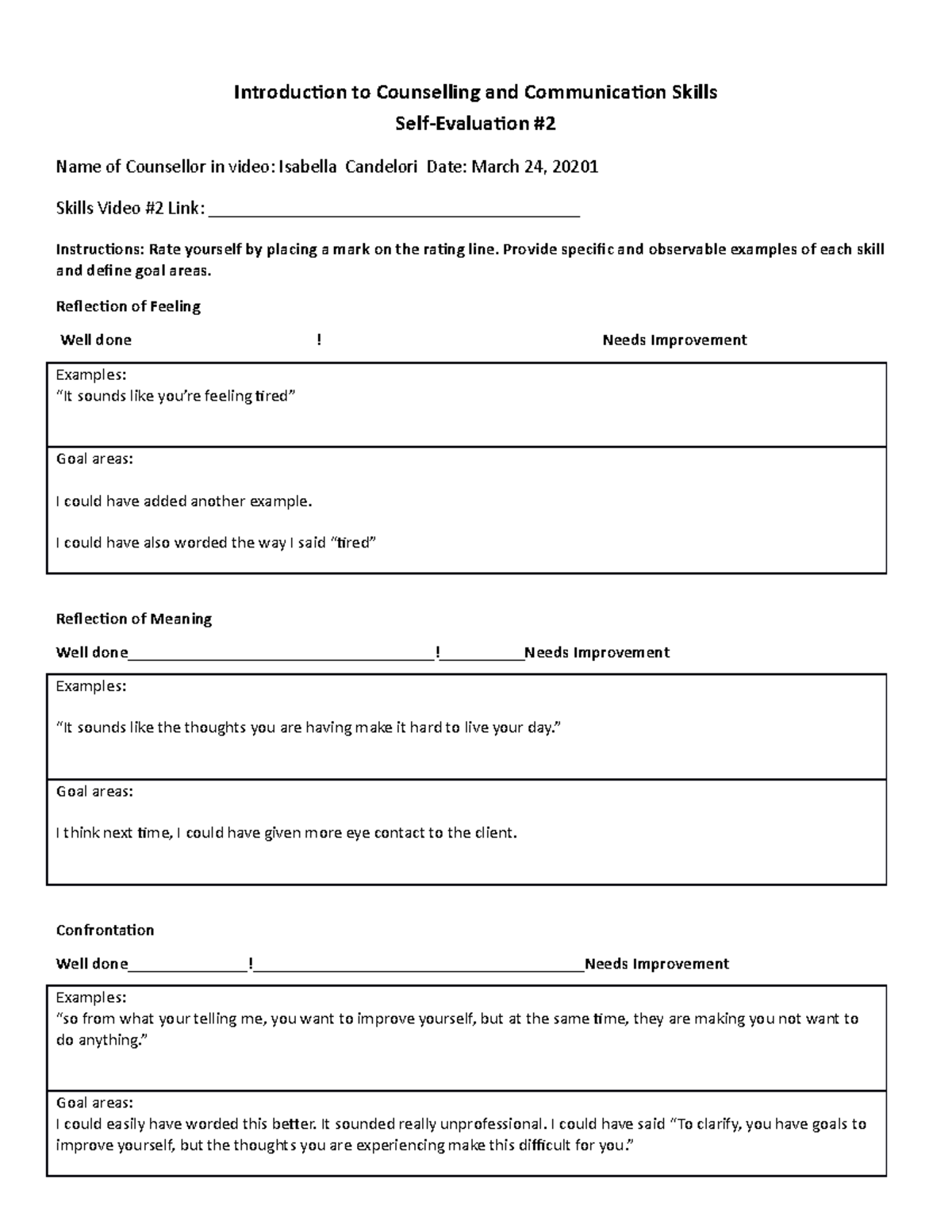 Intro Coun Self Evaluation #2-1 - Introduction to Counselling and ...