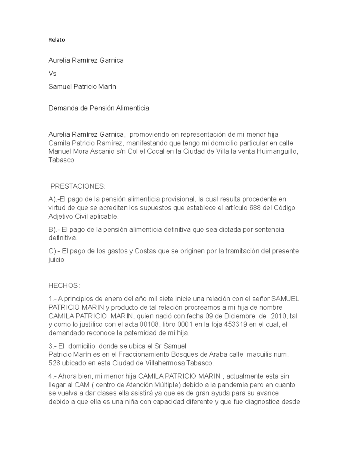 Demanda Relato Aurelia Ramírez Garnica Vs Samuel Patricio Marín