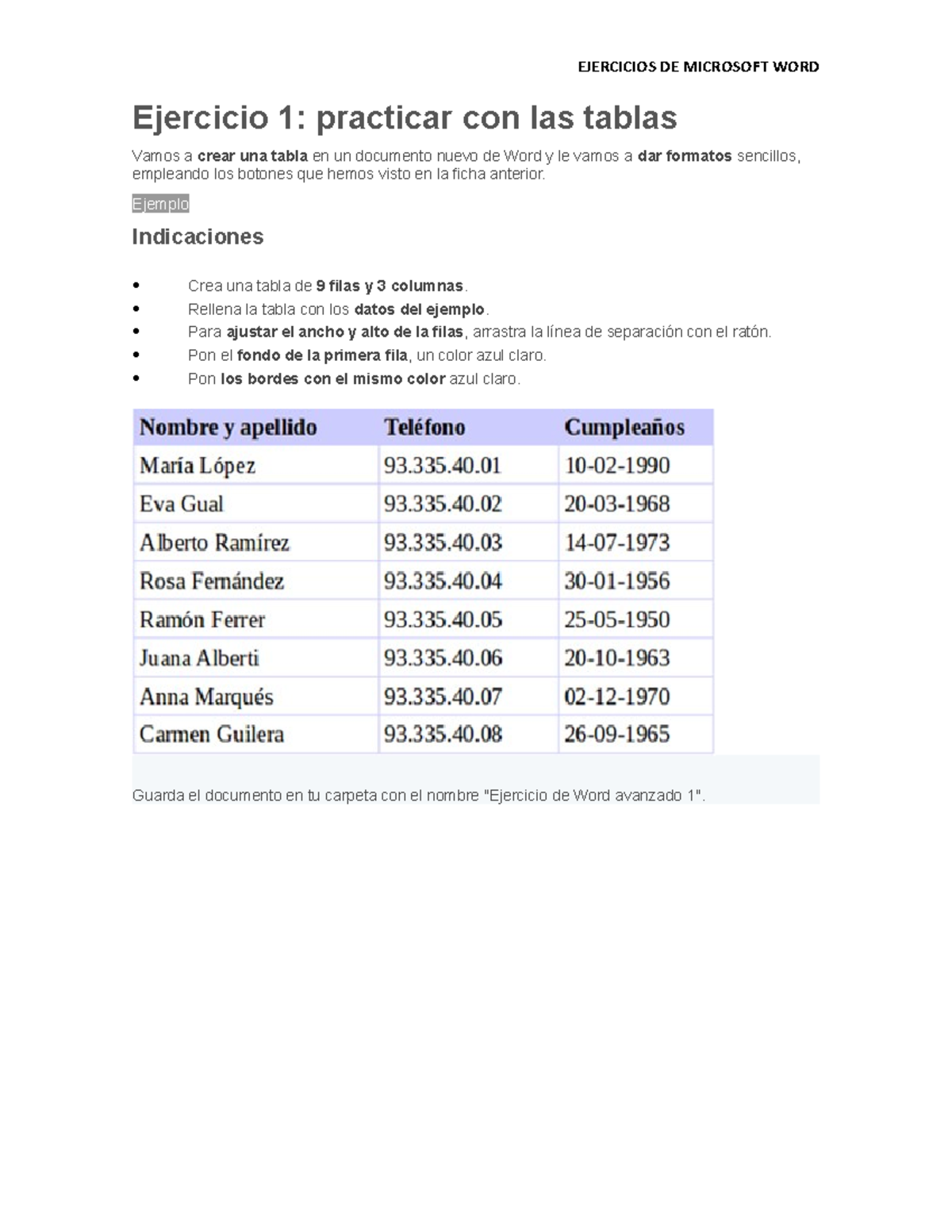 Ejercicio Trabajando con Tablas EJERCICIOS DE MICROSOFT WORD