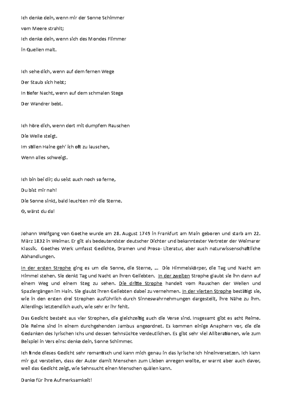 Nähe Des Geliebten Gedichtanalyse Gedicht - Nähe des Geliebten von Johann Wolfgang von Goethe - Ich denke