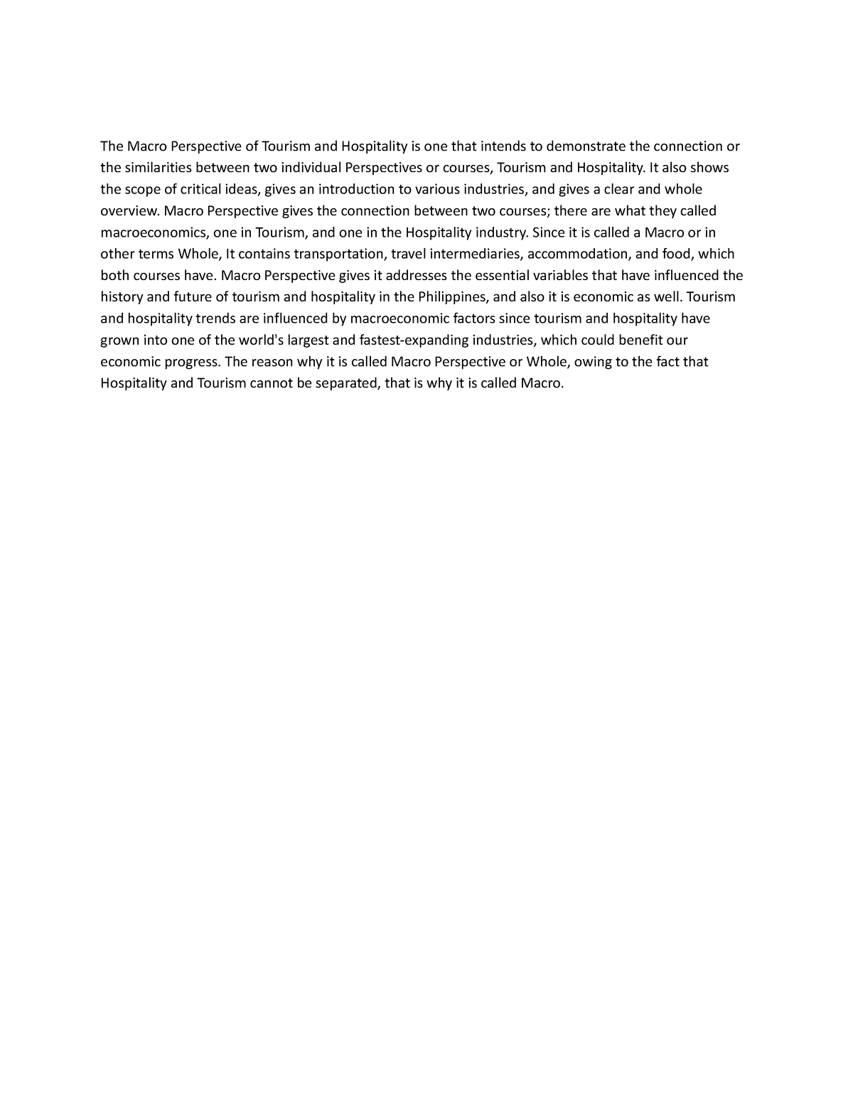 essay about macro perspective of tourism and hospitality