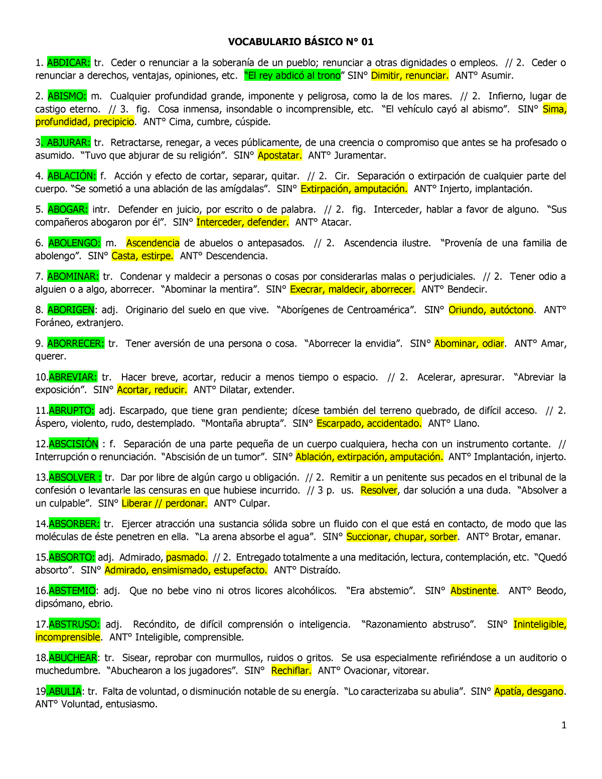 Diccionario - Significado - VOCABULARIO B¡SICO N∞ 01 ABDICAR: Tr. Ceder ...