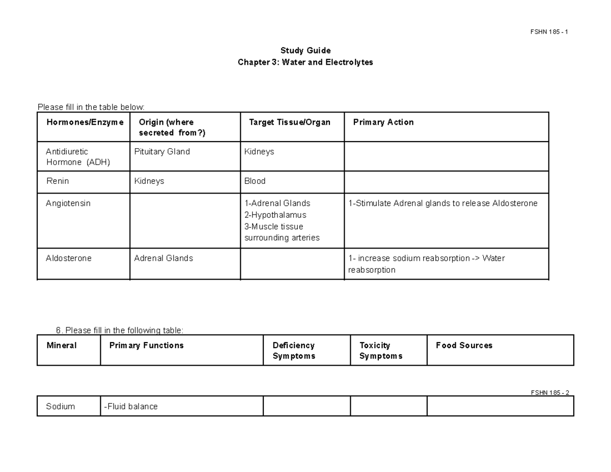 FSHN 185- Ch 3 Study Guide - FSHN 185 - 1 Study Guide Chapter 3: Water ...