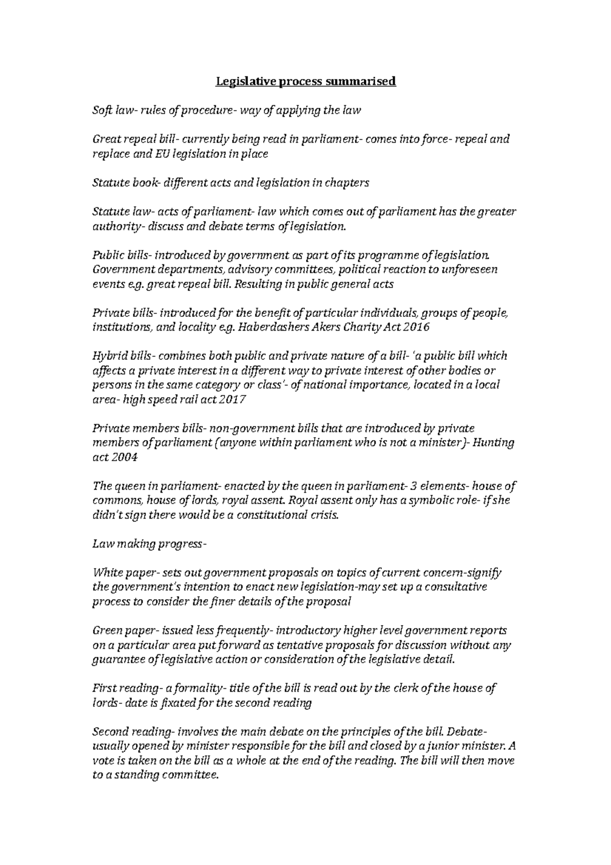 Legislative process summarised - Public bills- introduced by government ...