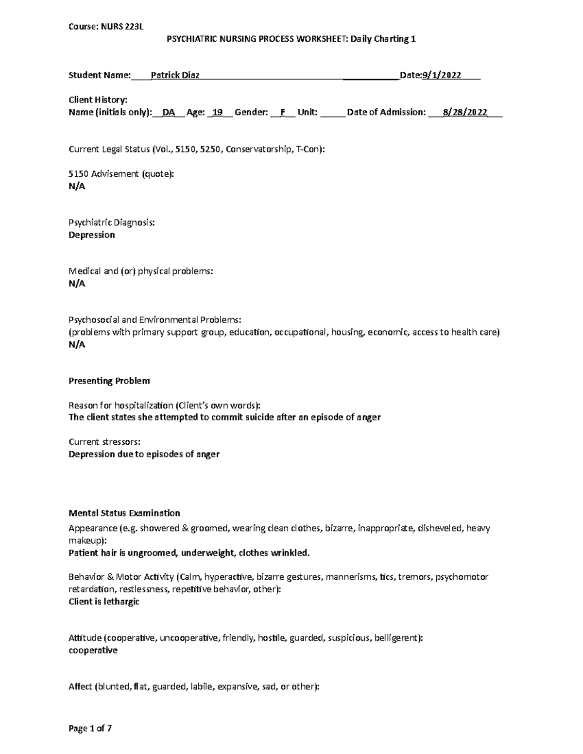 psychiatric nursing process worksheet