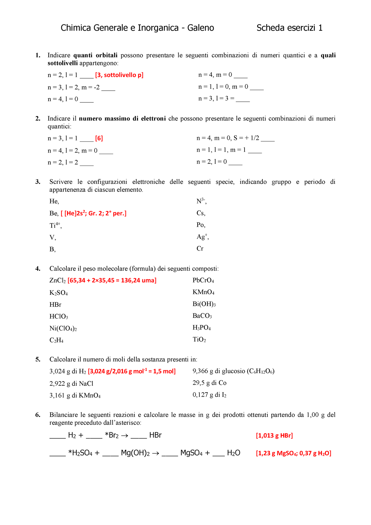 Scheda 1 Esercizi Di Chimica Generale E Inorganica Chimica Generale E Inorganica Galeno 4953