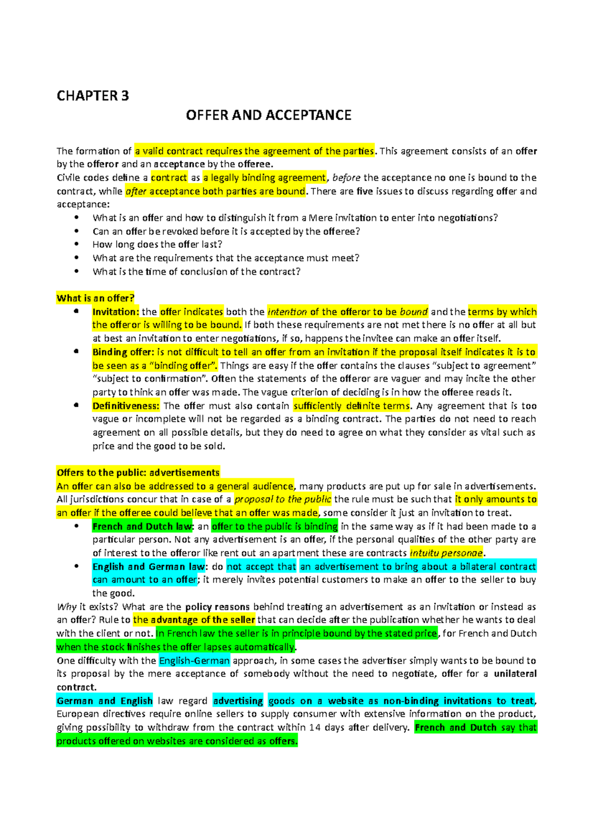 Principles of Law - Preparazione esame - CHAPTER 3 OFFER AND ACCEPTANCE ...