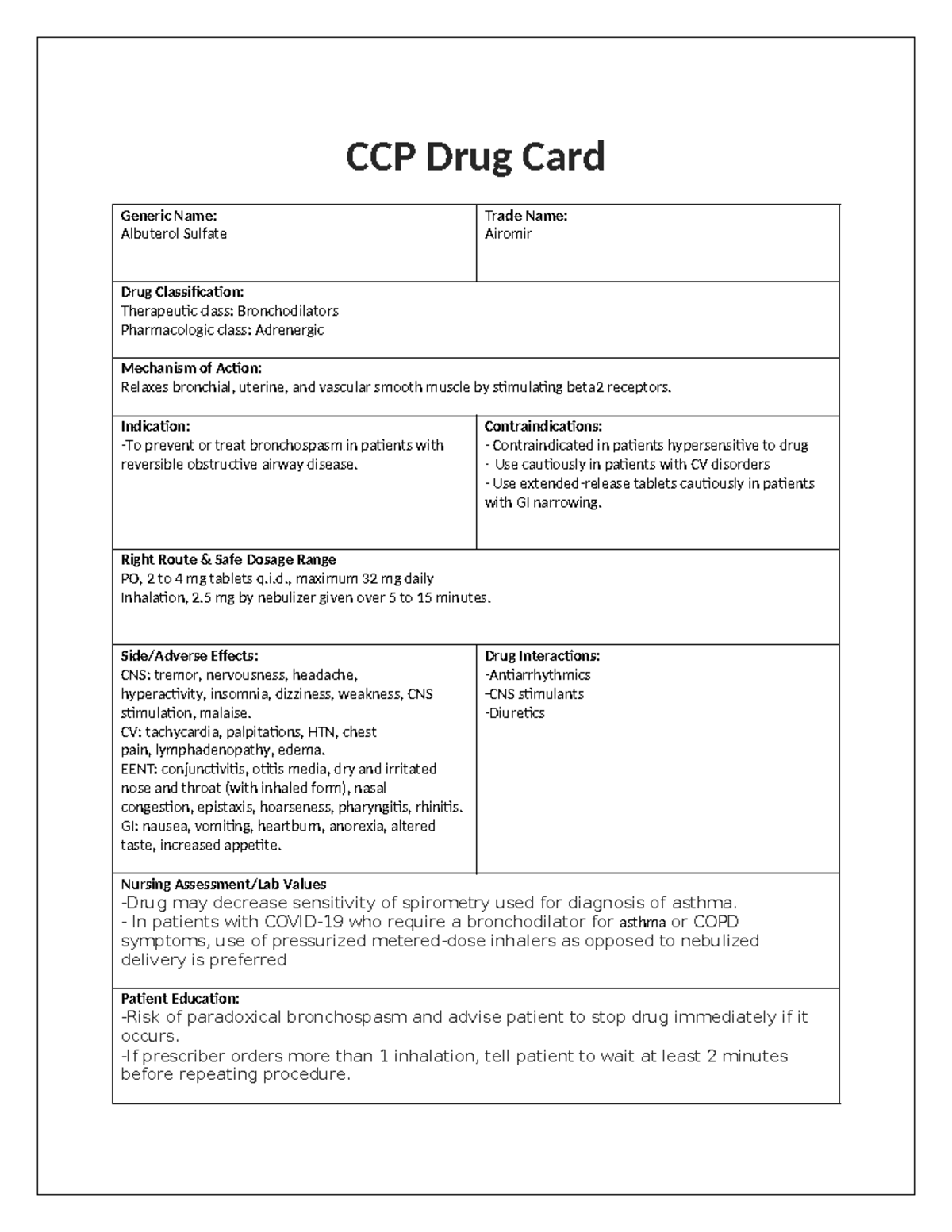 CCP Drug Card- Albuterol - CCP Drug Card Generic Name: Albuterol ...