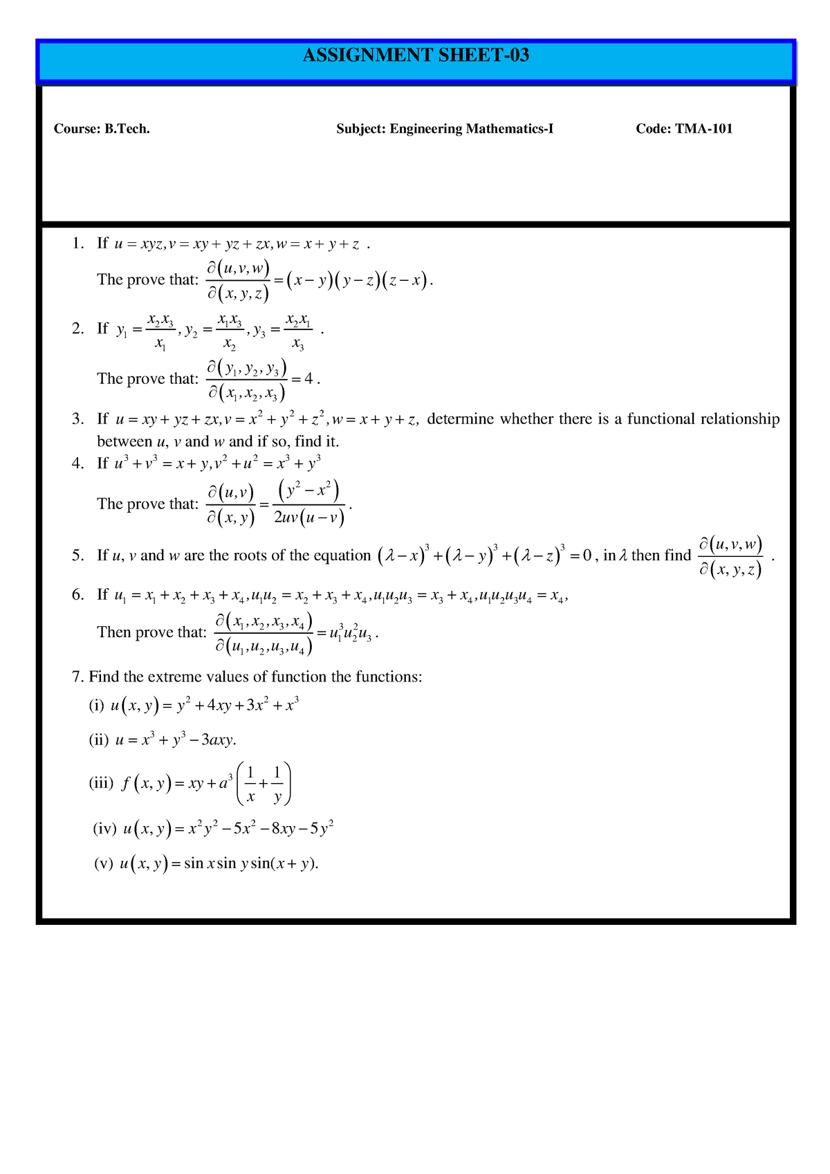 Maths Assignment - Bf Course: B. Subject: Engineering Mathematics-I ...