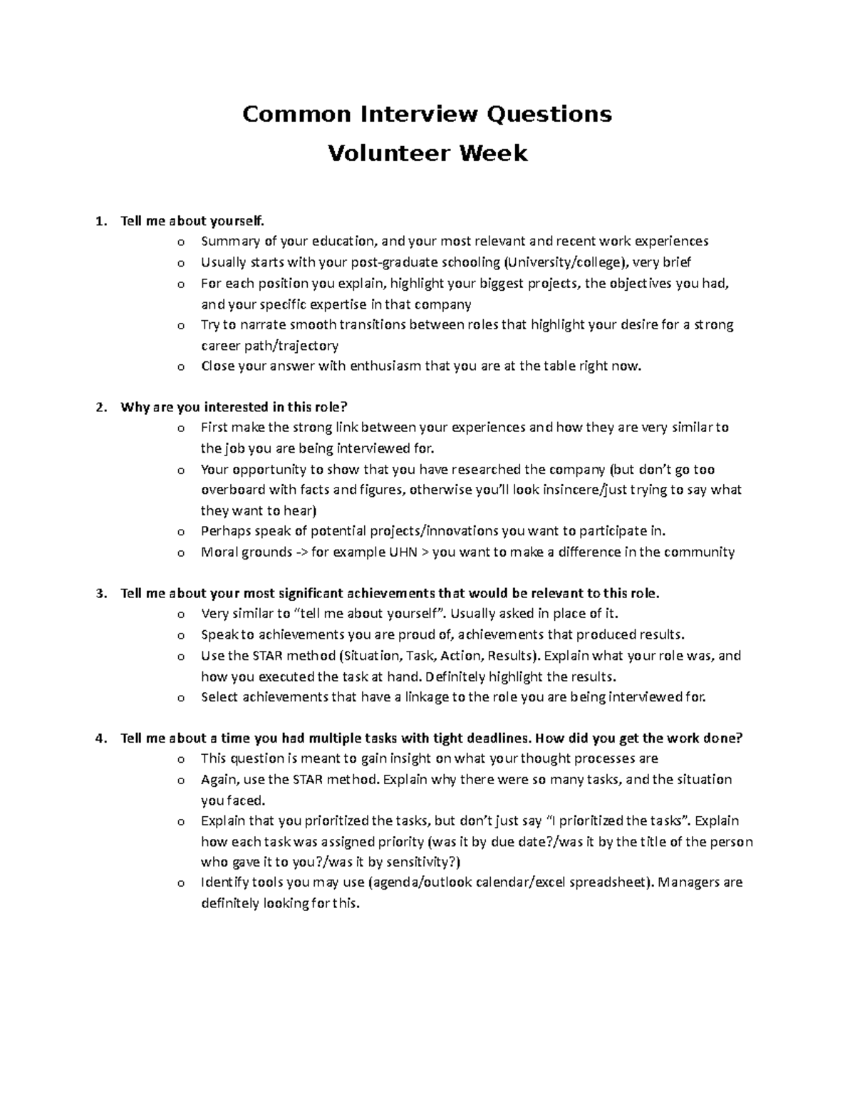 Common Interview Questions Common Interview Questions Volunteer Week
