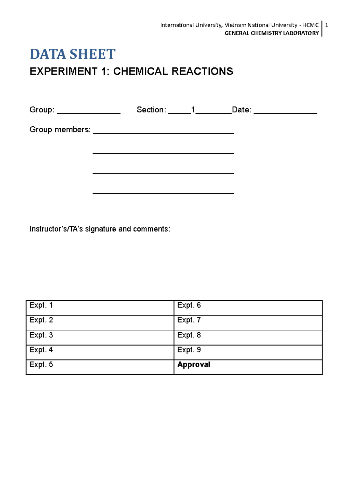 Data Sheet Chem Lab 5 exp - GENERAL CHEMISTRY LABORATORY DATA SHEET ...