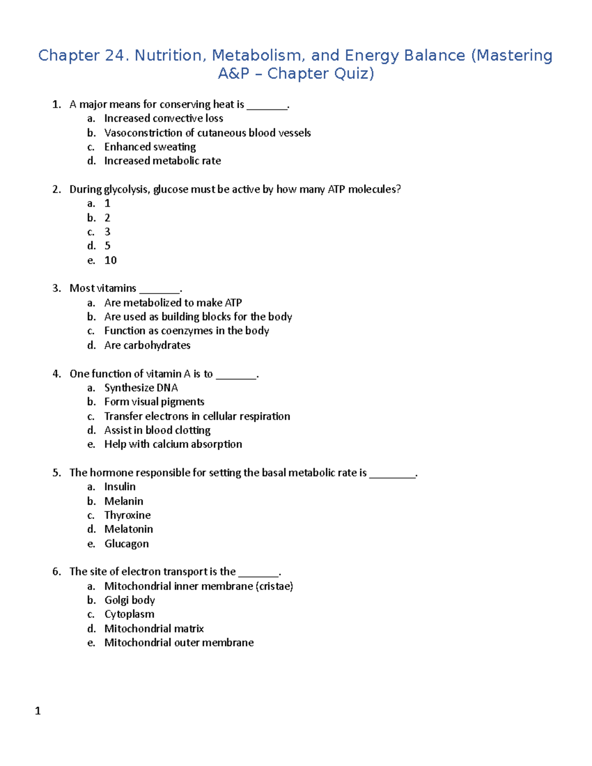 Chapter 24. Chapter Quiz (Pearson) - Chapter 24. Nutrition, Metabolism ...