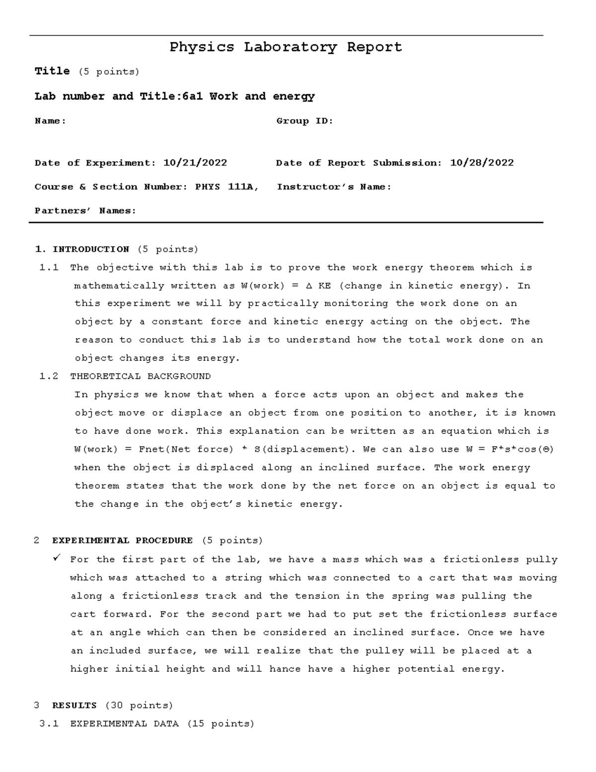 6a1 Work And Energy 111A - Physics Laboratory Report Title (5 Points ...