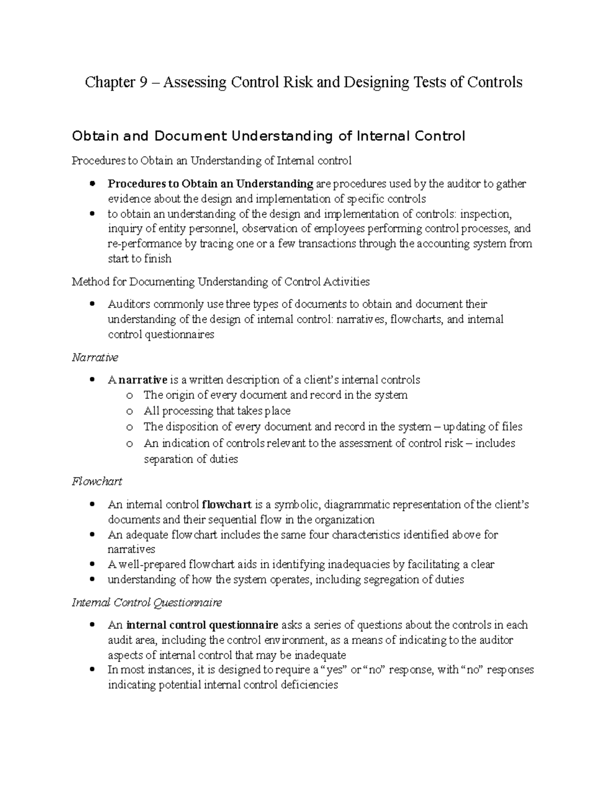 Chapter 9 – Assessing Control Risk And Designing Tests Of Controls ...