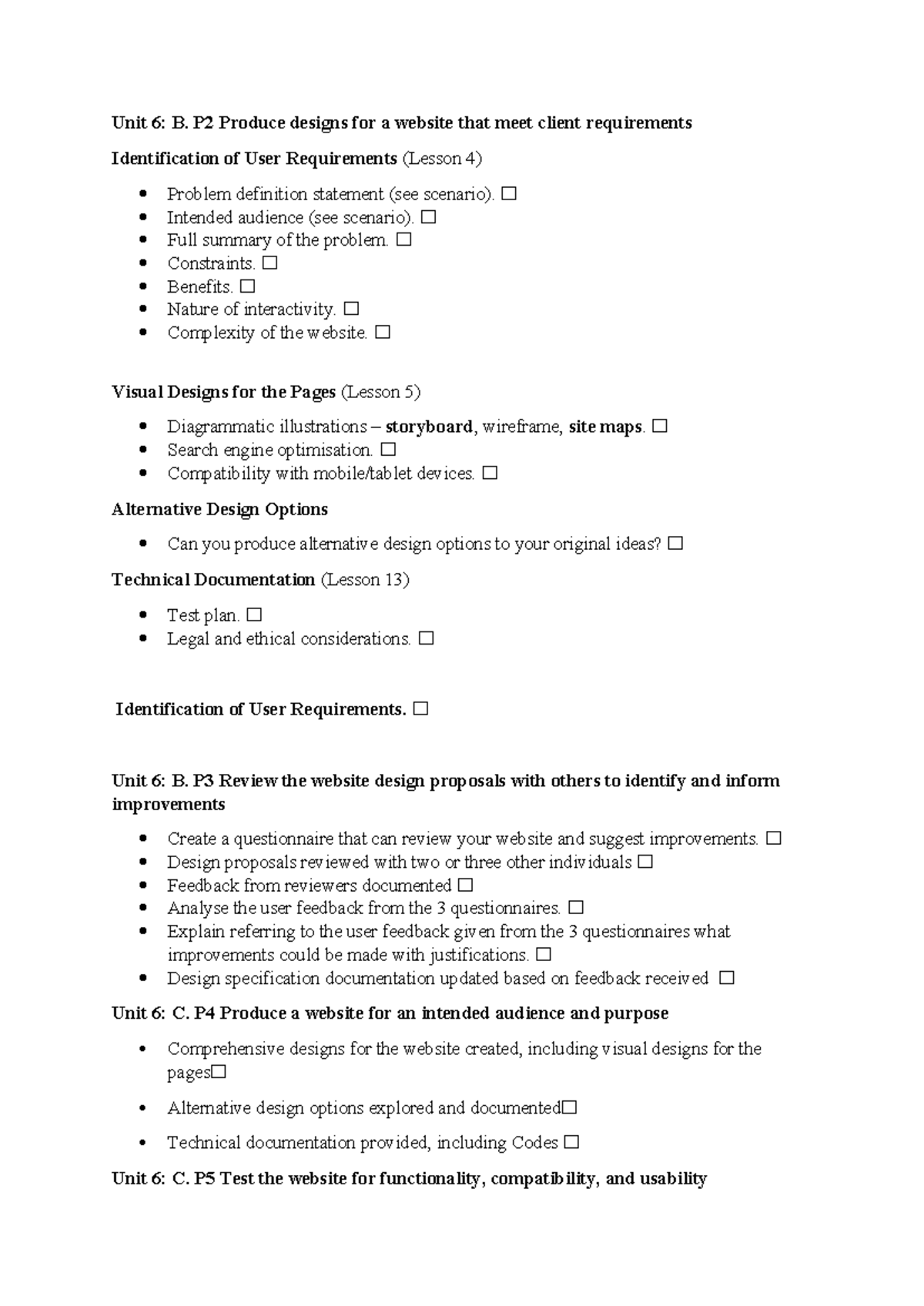 Unit 6 Checklist for BC - Unit 6: B. P2 Produce designs for a website ...
