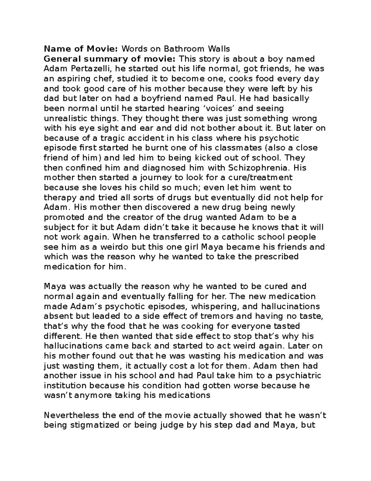 Schizophrenia Psychiatric Nursing Name of Movie Words on Bathroom