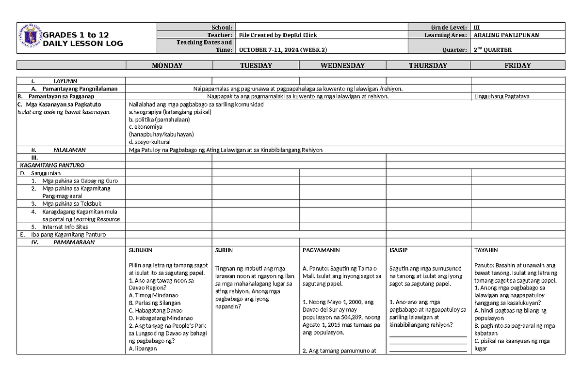 DLL Araling Panlipunan 3 Q2 W2 - GRADES 1 to 12 DAILY LESSON LOG School ...