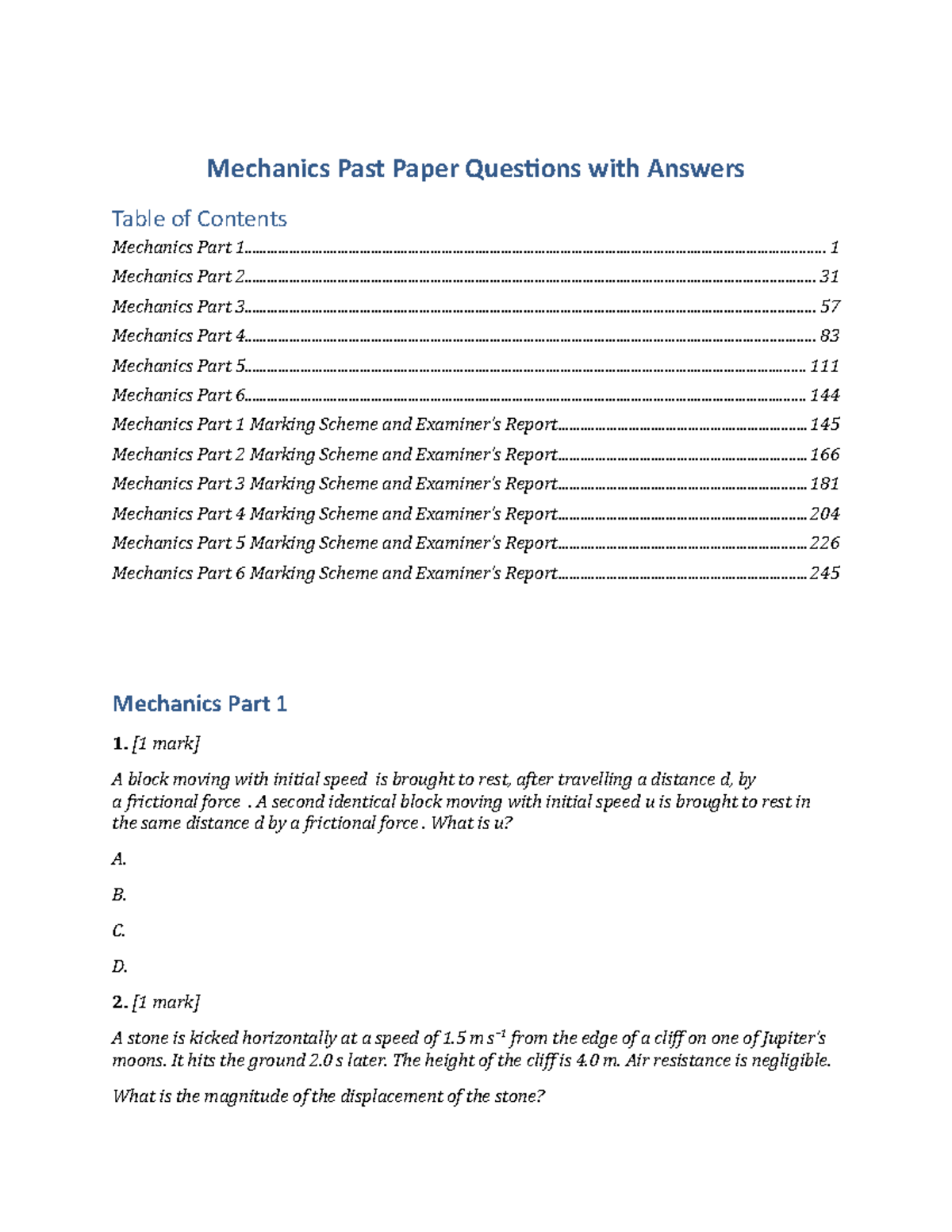Mechanics Resource Pack - Mechanics Past Paper Questions with Answers ...