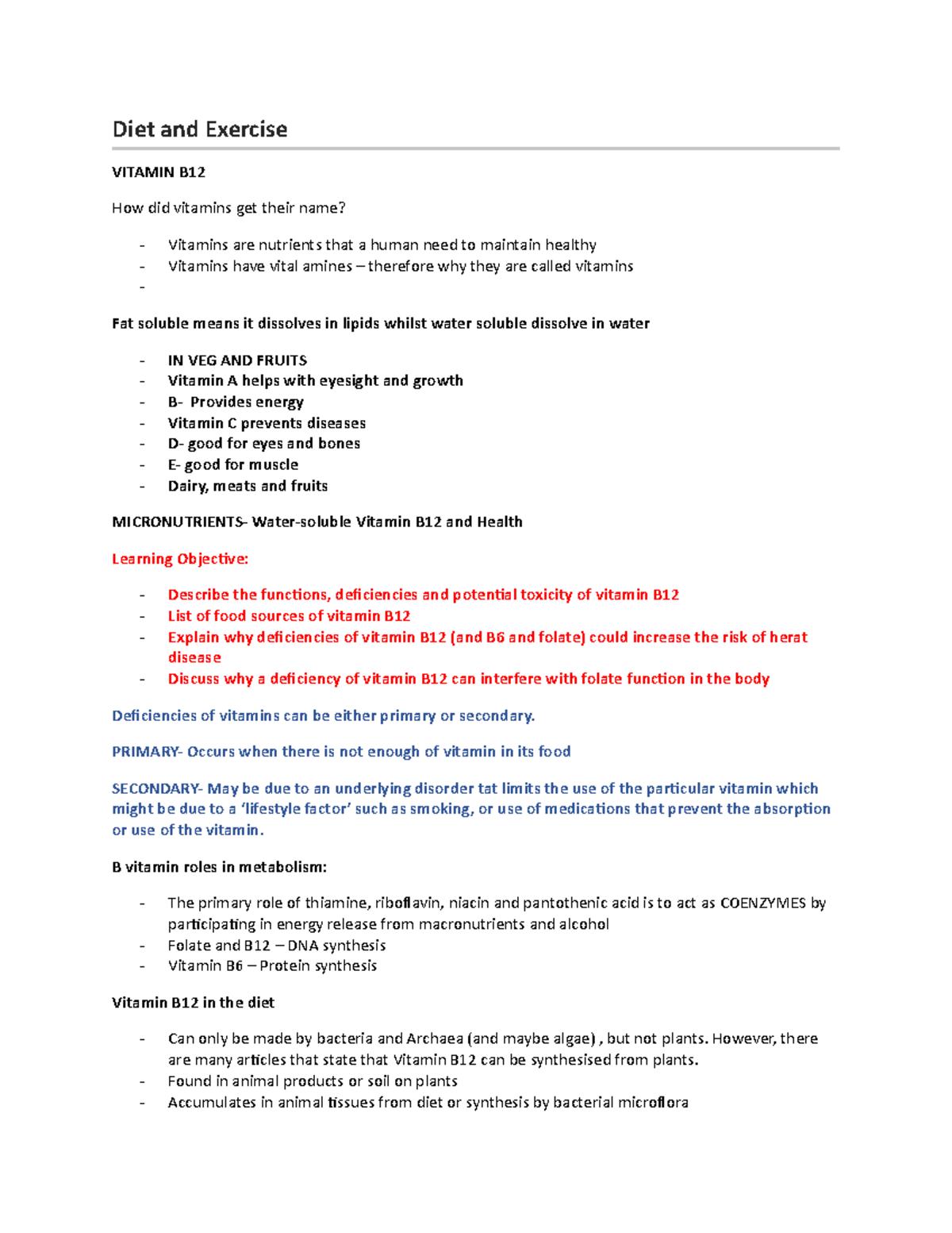 Vitamin B12 Presented by Dr. Caroline Hodges Diet and Exercise