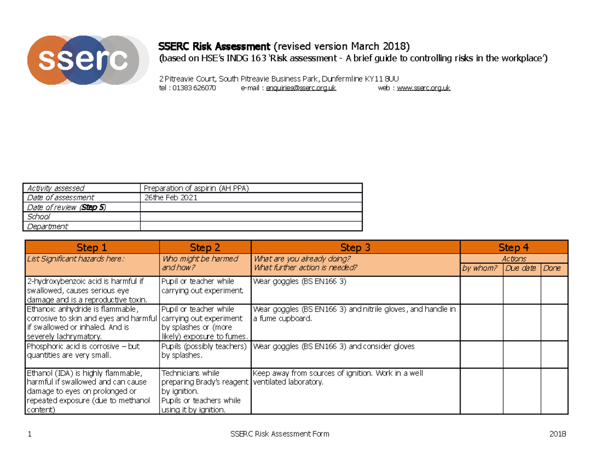 PreparationofAspirinAHPPARiskAssessment 17PSA204 Lough Studocu