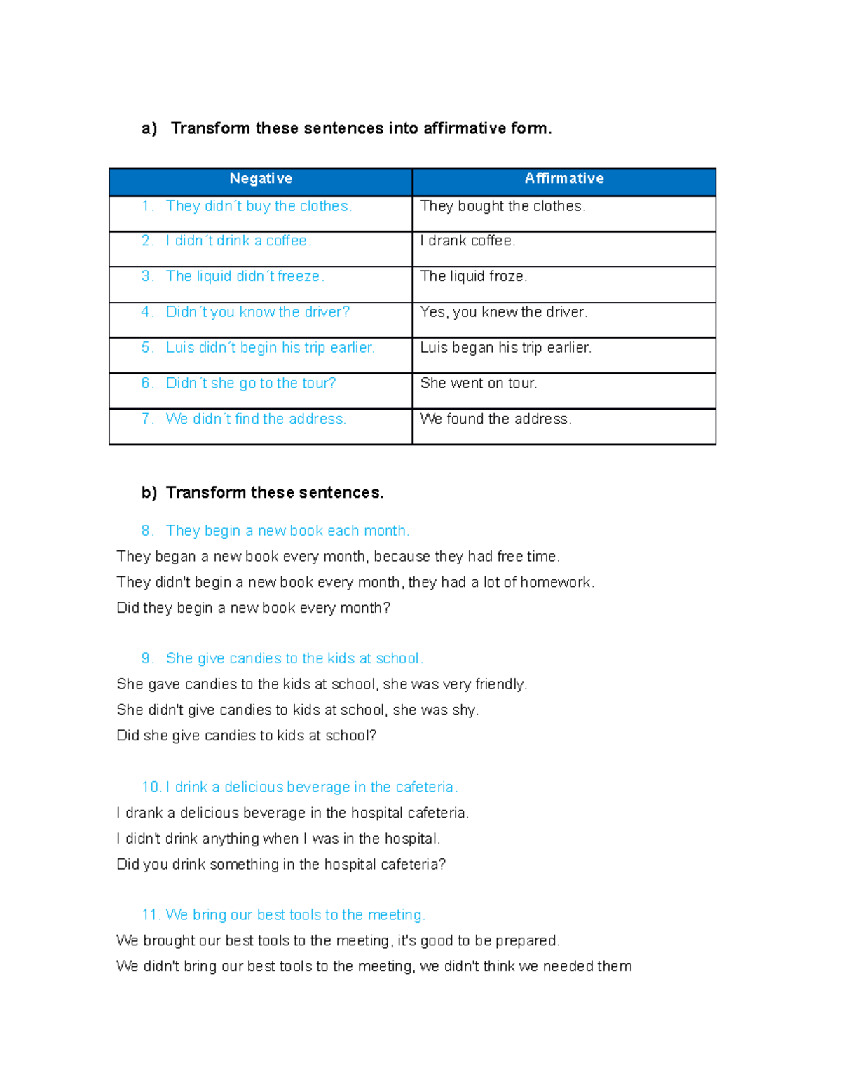 Assignment 4 Text file - a) Transform these sentences into affirmative ...