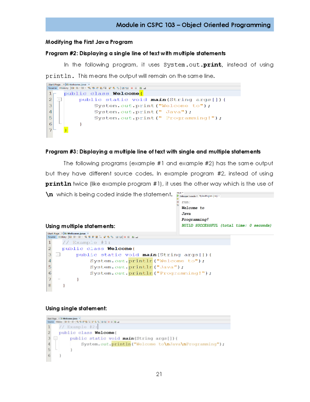Lesson 10 - Modifying the First Java Program Program #2: Displaying a ...