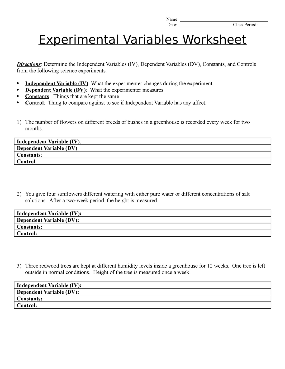 identifying controls and variables experimental design worksheet answers