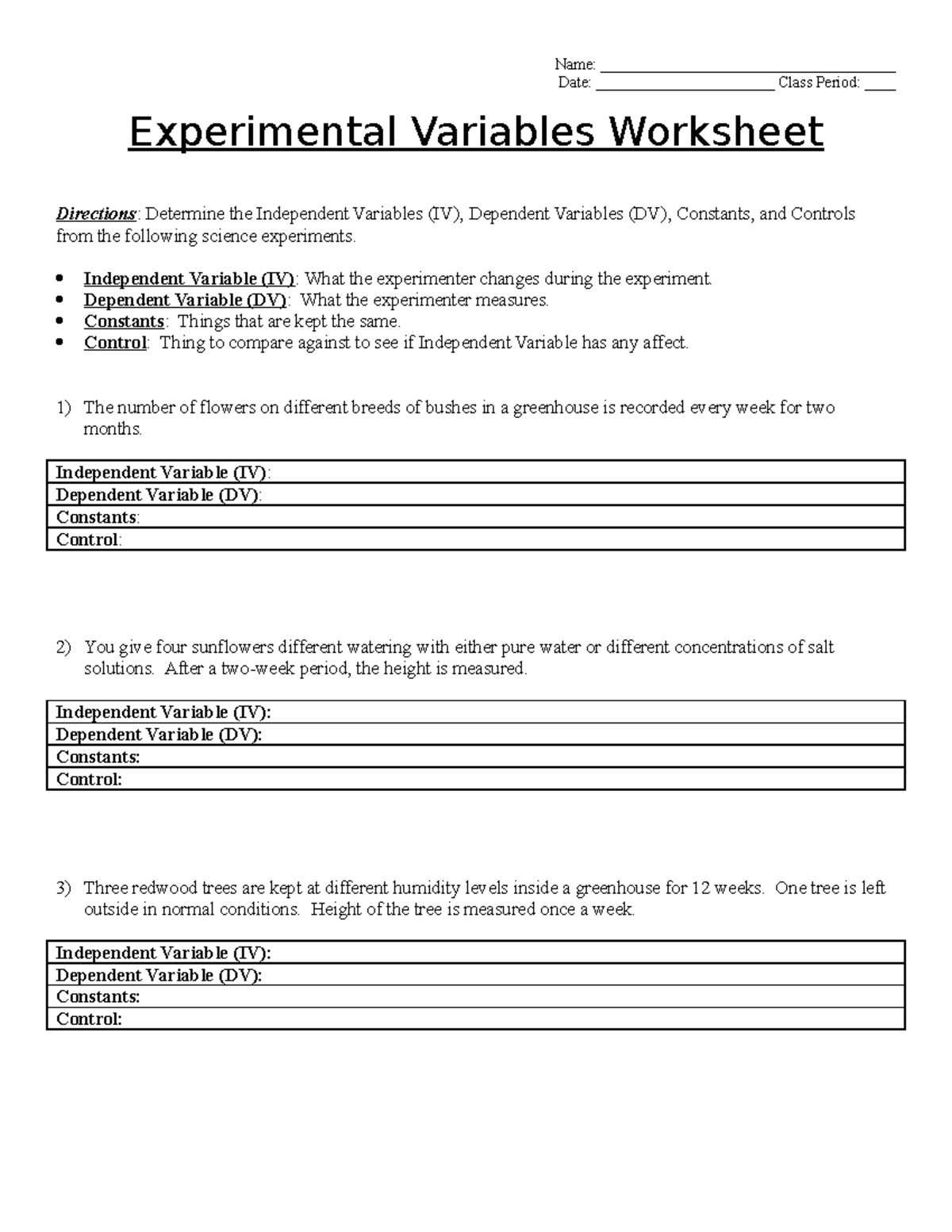 Experimental variables worksheet - Name: Date: - Studocu