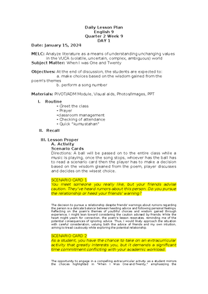 March 15Friday Lesson Plan - DAILY LESSON LOG (DLL) English Intern ...