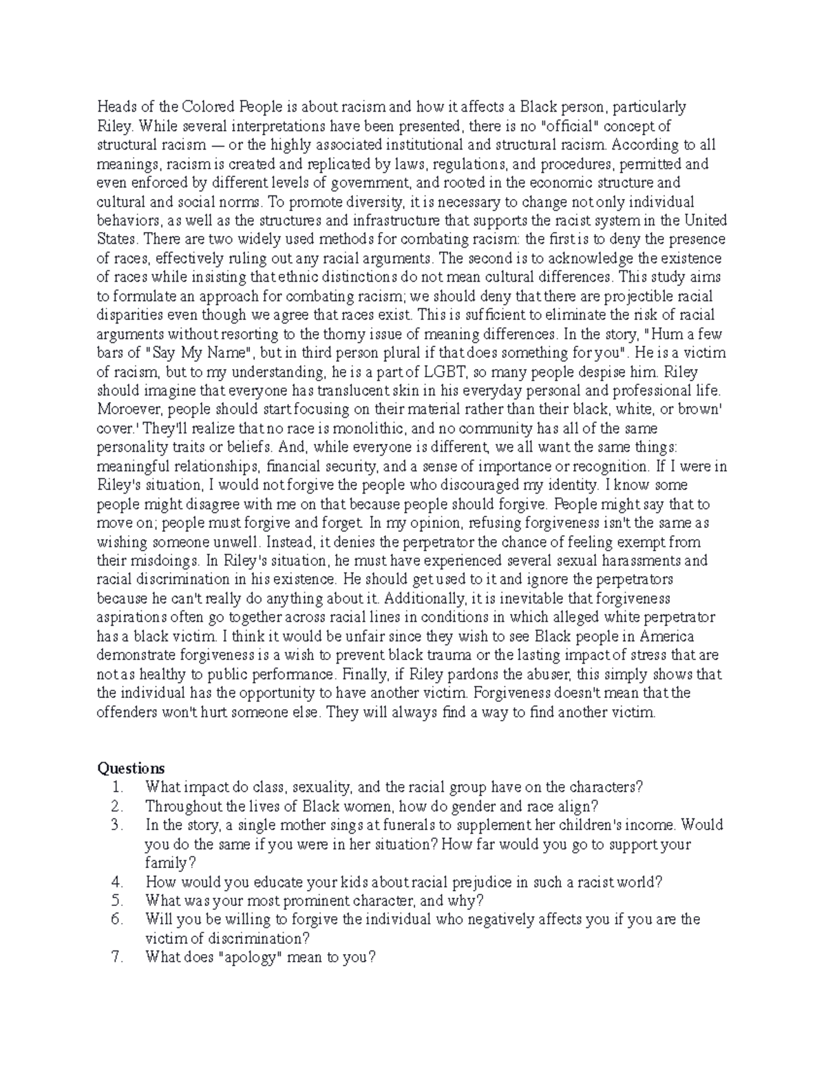 Extra Credit - CWL - Heads of the Colored People is about racism and