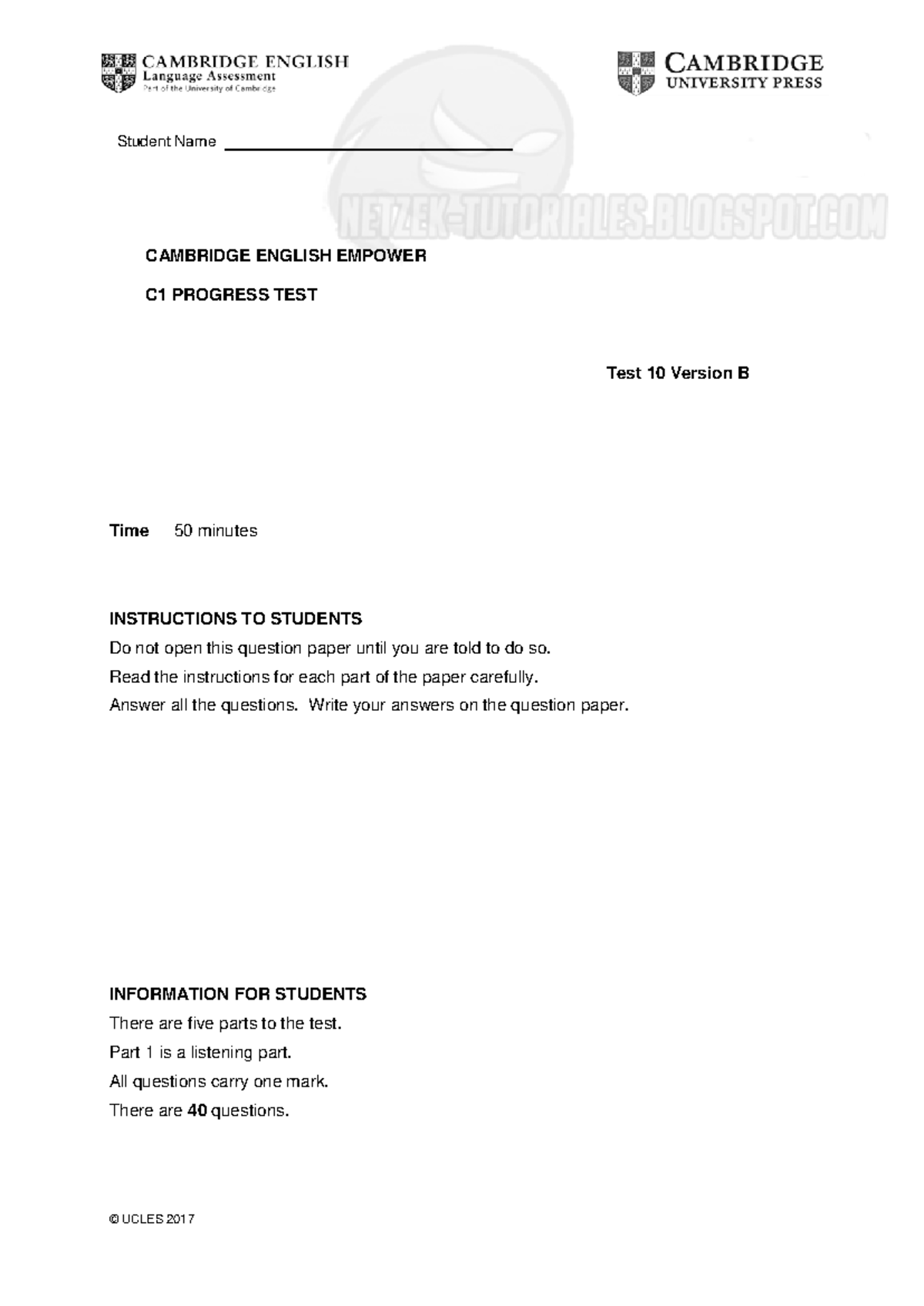 Unit 10 Progress Test - Version B - Student Name CAMBRIDGE ENGLISH ...