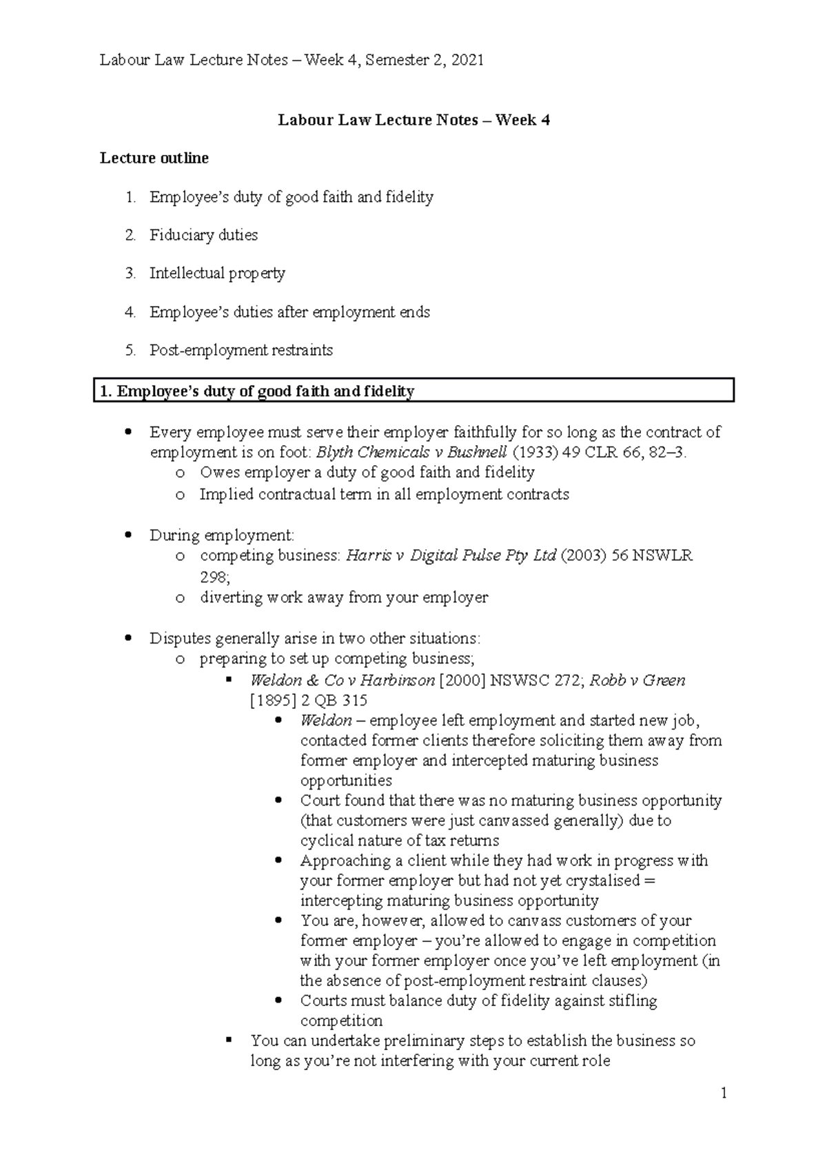 Week-4 - Lecture Outline + Key Passages From Cases - Labour Law Lecture ...