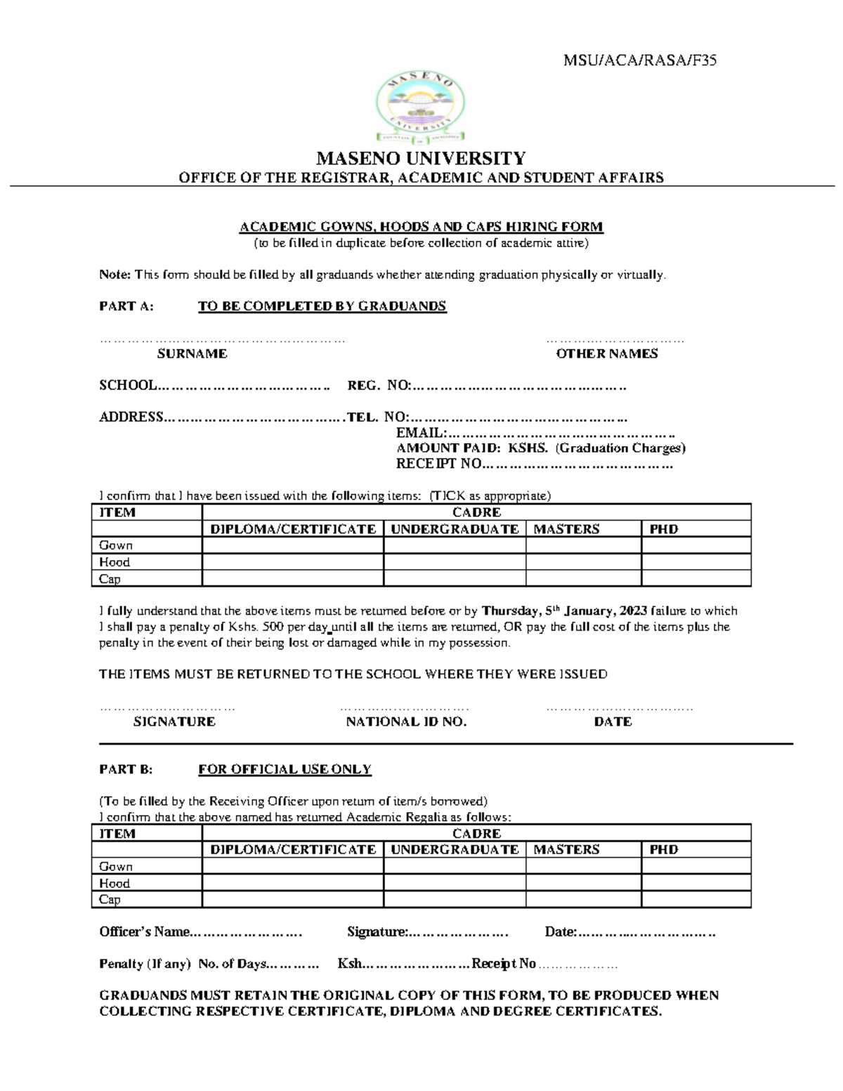 22nd Graduation Gown hire form - MSU/ACA/RASA/F MASENO UNIVERSITY ...